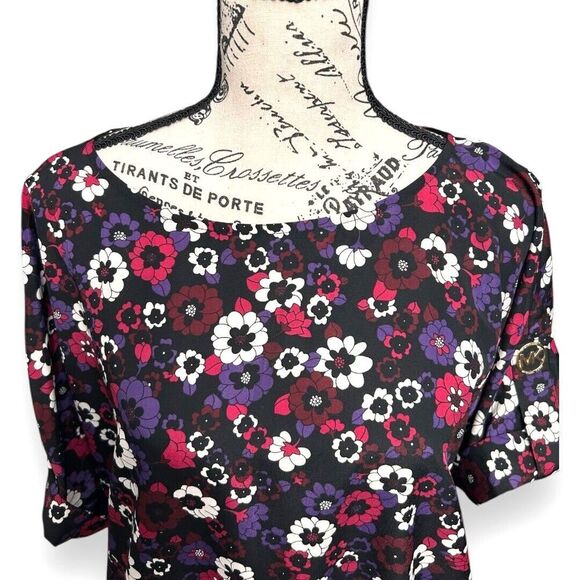 Michael Kors L Azalea Floral Black Blouse Roll Tab Sleeve Gold Button Retro Boho - Picture 7 of 11